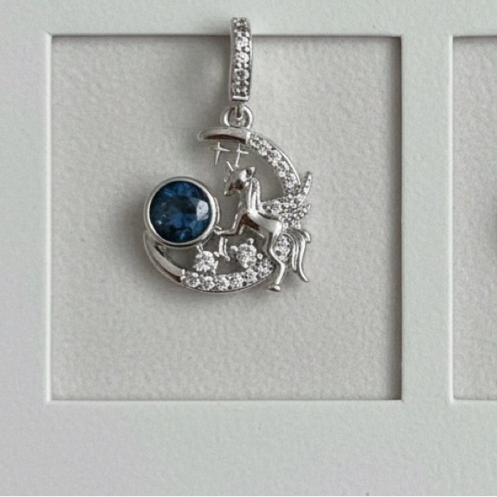 Silver Moon and Unicorn Pendant with Blue Gemstone